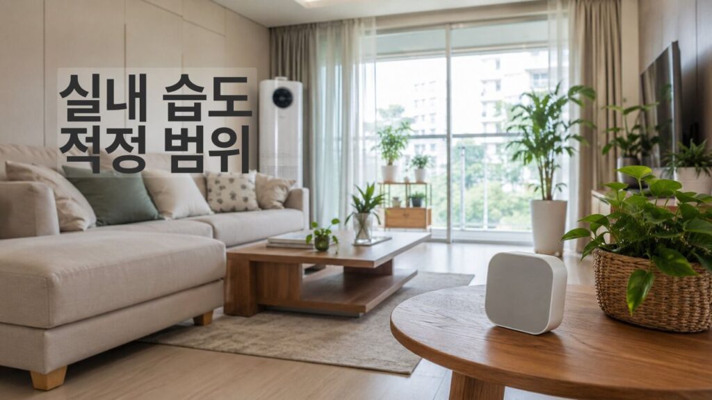 실내 습도 적정 범위와 관리 방법을 보여주는 밝은 거실의 실사형 이미지