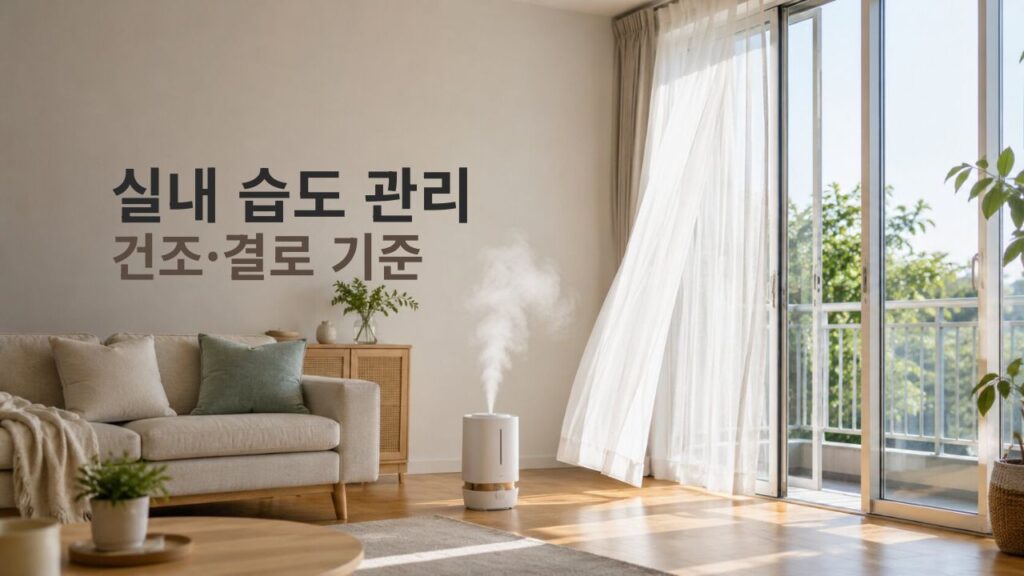 실내 습도 관리를 위해 가습기와 환기가 함께 보이는 한국 아파트 거실 모습