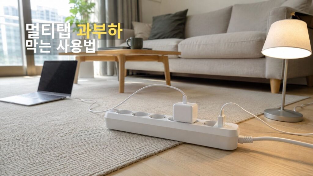 콘센트 과부하를 막기 위해 멀티탭에 연결된 가전제품 수를 점검하는 실내 전기 안전 이미지
