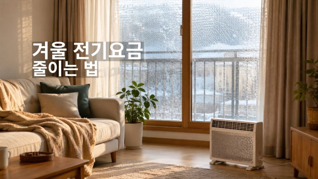 겨울철 전기요금 줄이는 방법을 설명하는 따뜻한 거실과 절전 난방 환경