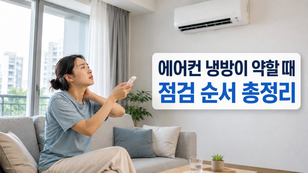 에어컨 냉방이 약할 때 거실에서 리모컨을 확인하는 모습