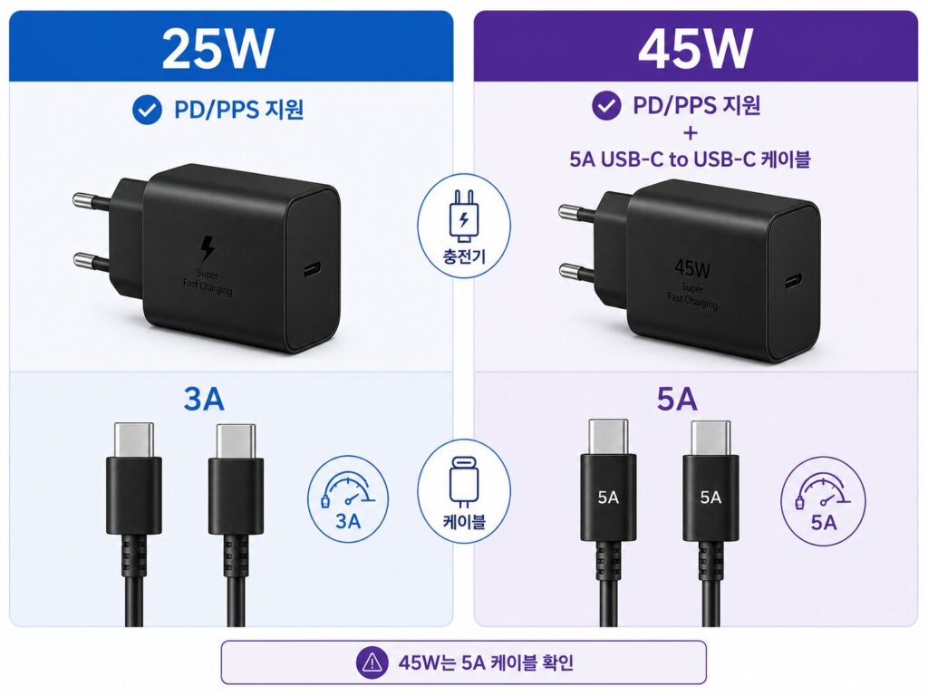 갤럭시 25W 45W 고속충전 충전기와 케이블 차이