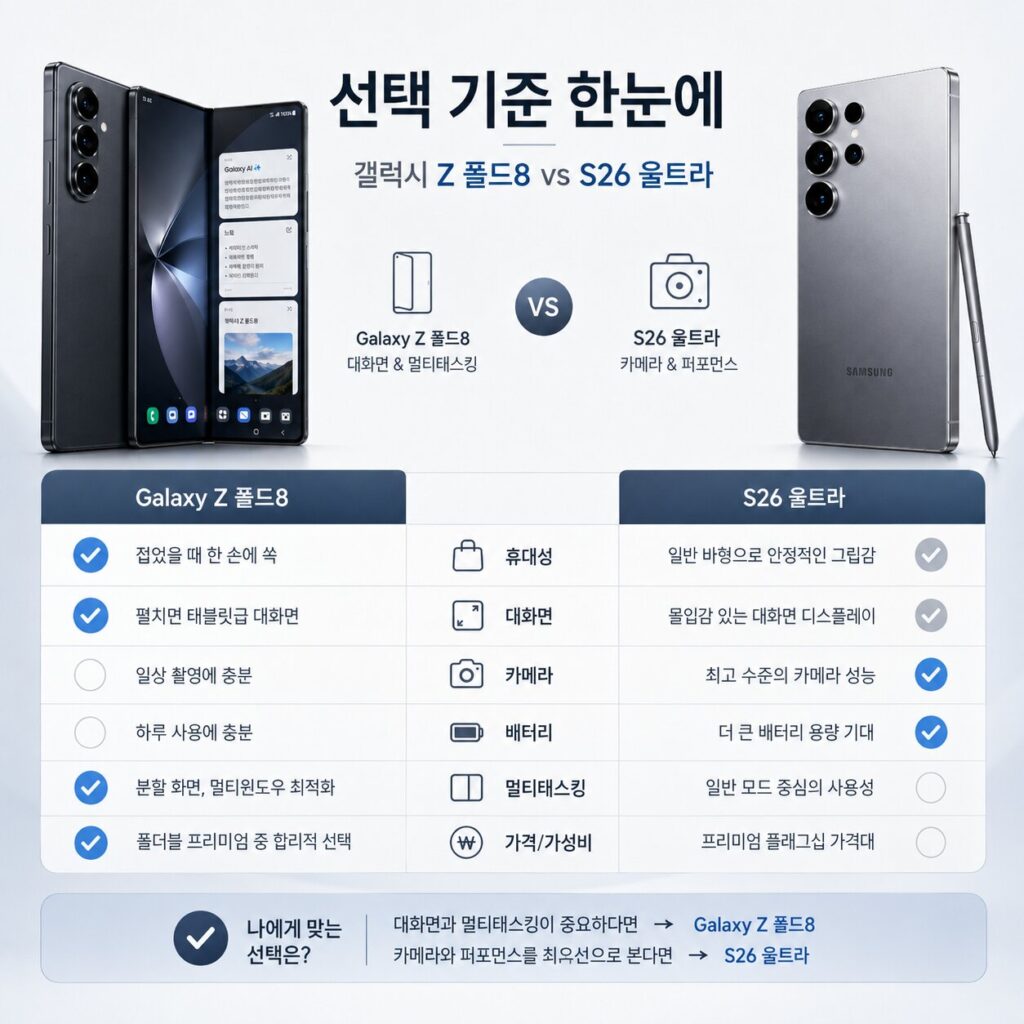 갤럭시 Z폴드8 S26 울트라 카메라 배터리 화면 선택 기준