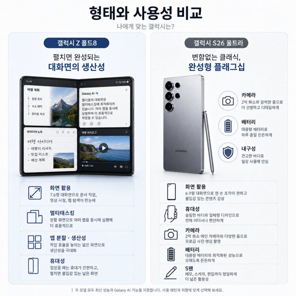 갤럭시 Z폴드8 S26 울트라 화면 형태와 사용성 비교