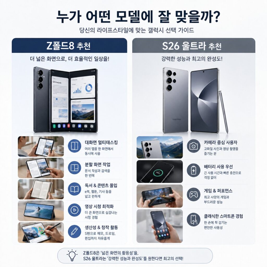 갤럭시 Z폴드8과 S26 울트라 사용자별 추천 기준