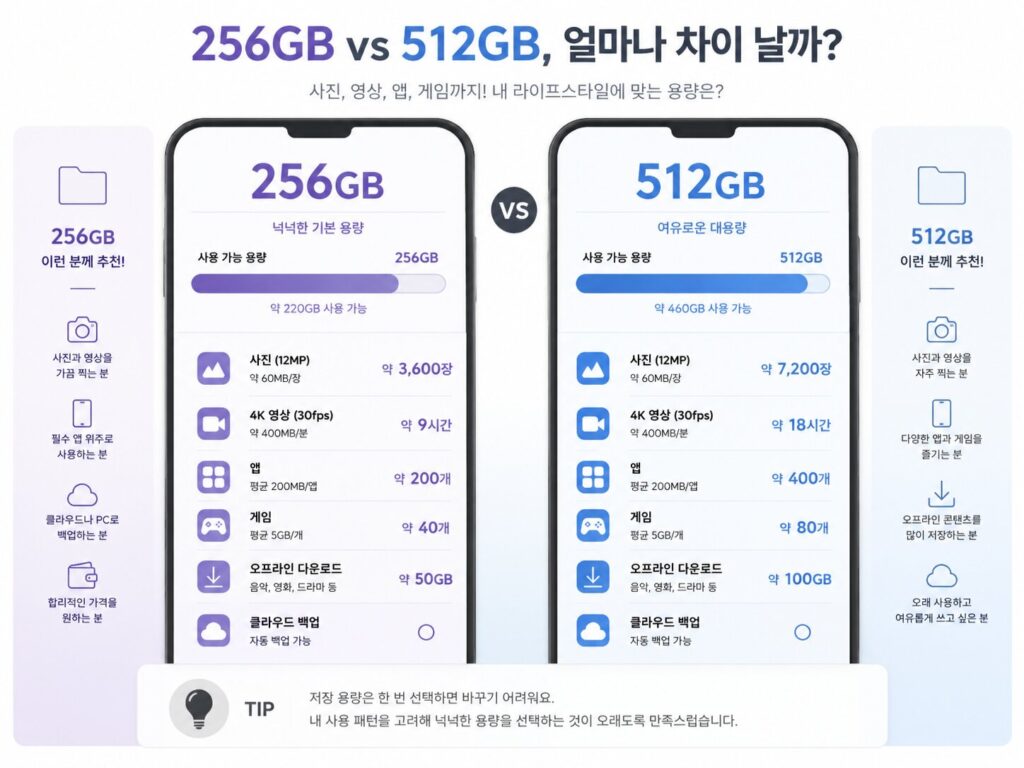 스마트폰 256GB와 512GB 저장공간 비교