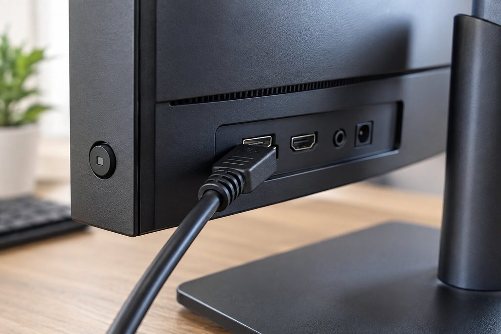 모니터 후면 HDMI 포트와 연결된 HDMI 케이블을 확인하는 모습