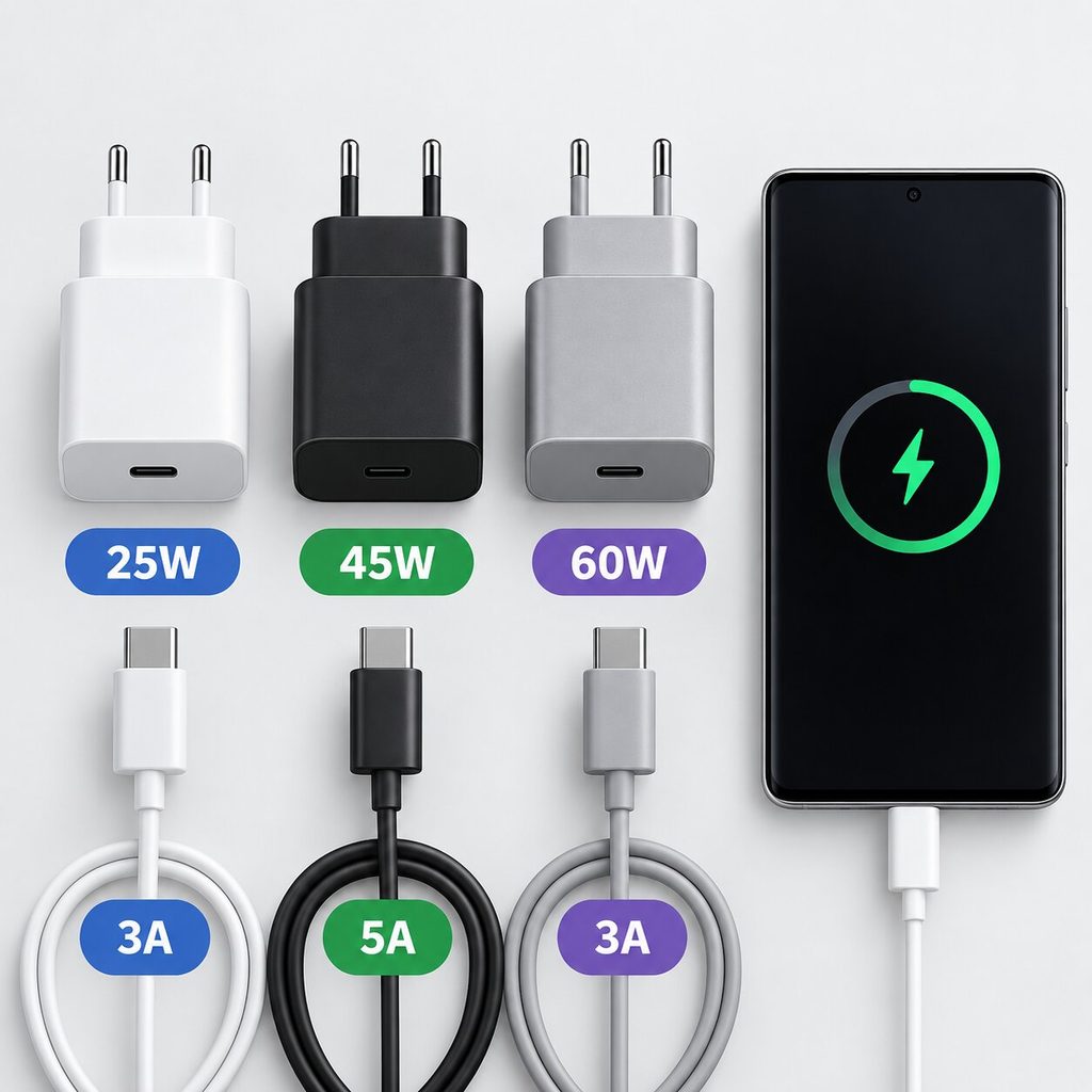 갤럭시 25W 45W 60W 충전기와 USB-C 케이블 비교