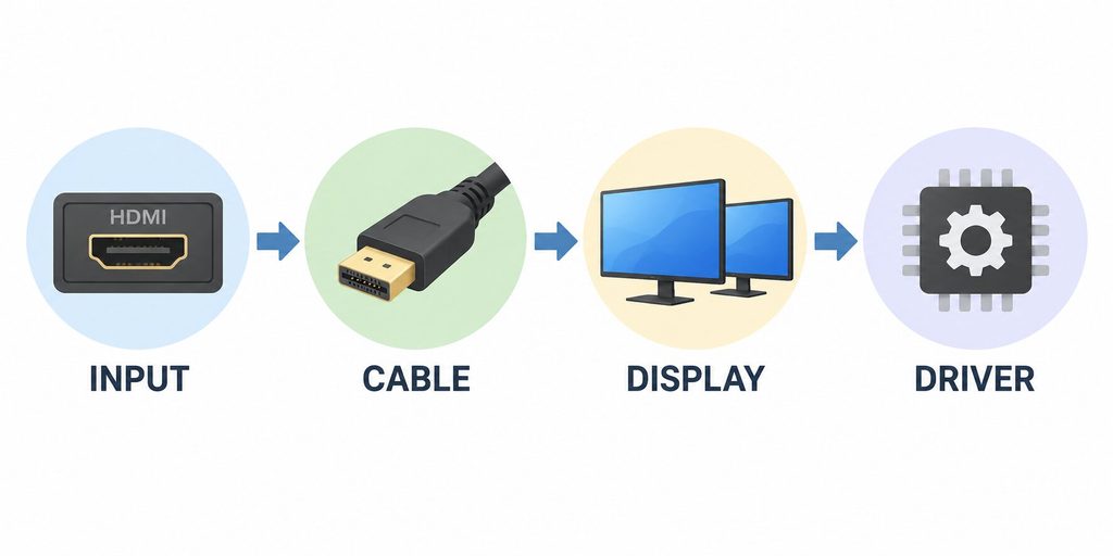 HDMI 화면이 나오지 않을 때 입력 케이블 출력 설정 드라이버 순서로 확인하는 안내 이미지