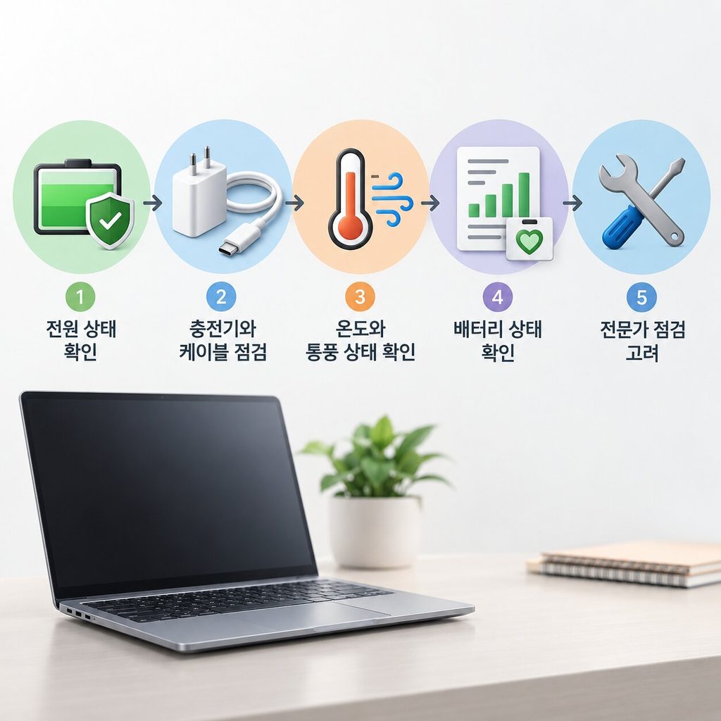노트북 충전 문제 점검 순서를 아이콘으로 표현한 이미지