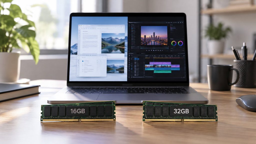 노트북 RAM 16GB와 32GB 선택을 비교하는 작업 환경
