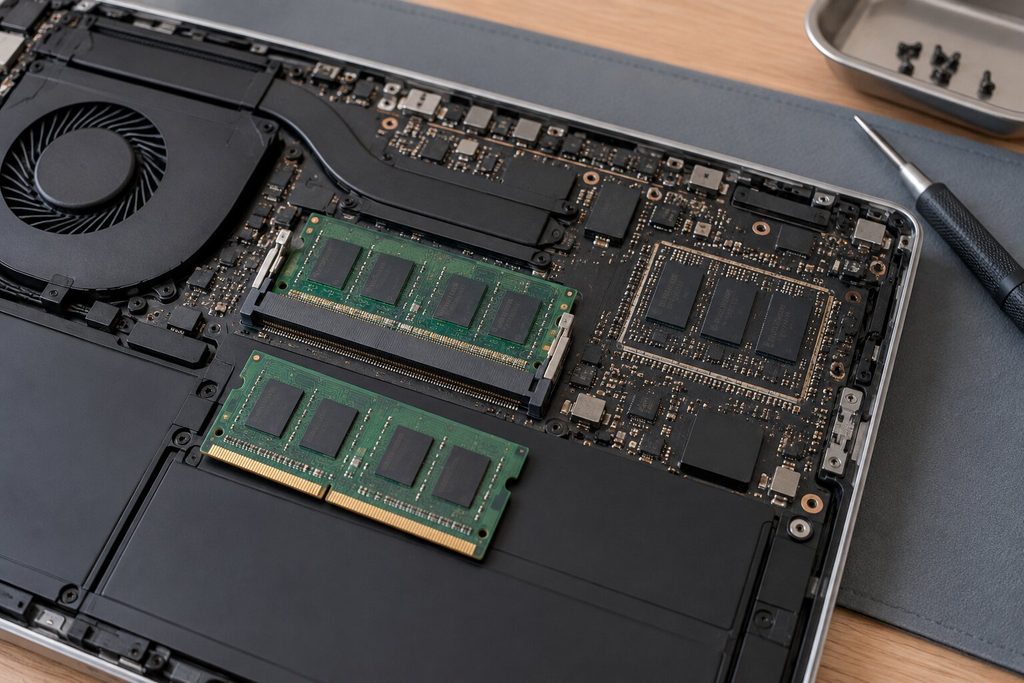 노트북의 SO-DIMM 슬롯과 온보드 메모리를 확인하는 모습