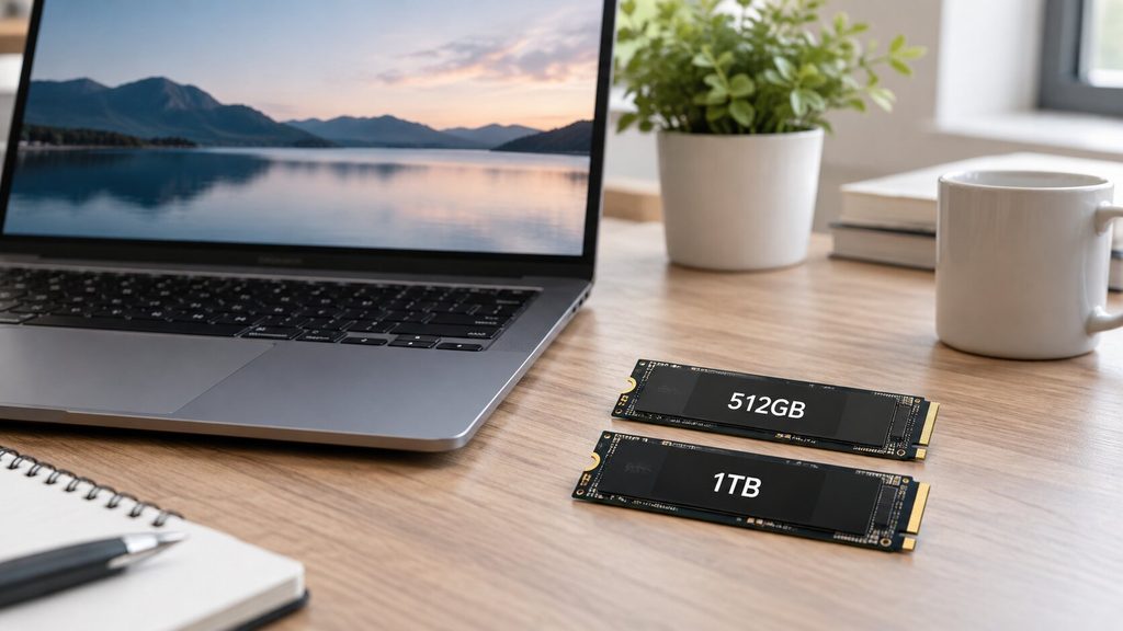 노트북 옆에 512GB와 1TB SSD 용량을 비교한 모습