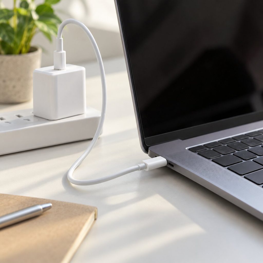노트북 USB-C 충전기와 케이블 출력 조건을 확인하는 모습