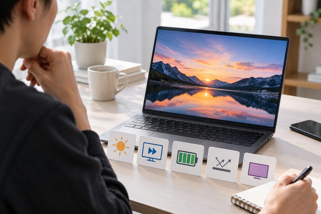 OLED 노트북 구매 전 화면과 배터리 조건을 확인하는 모습
