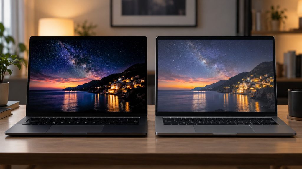 OLED 노트북과 LCD 노트북 화면 차이를 비교하는 모습