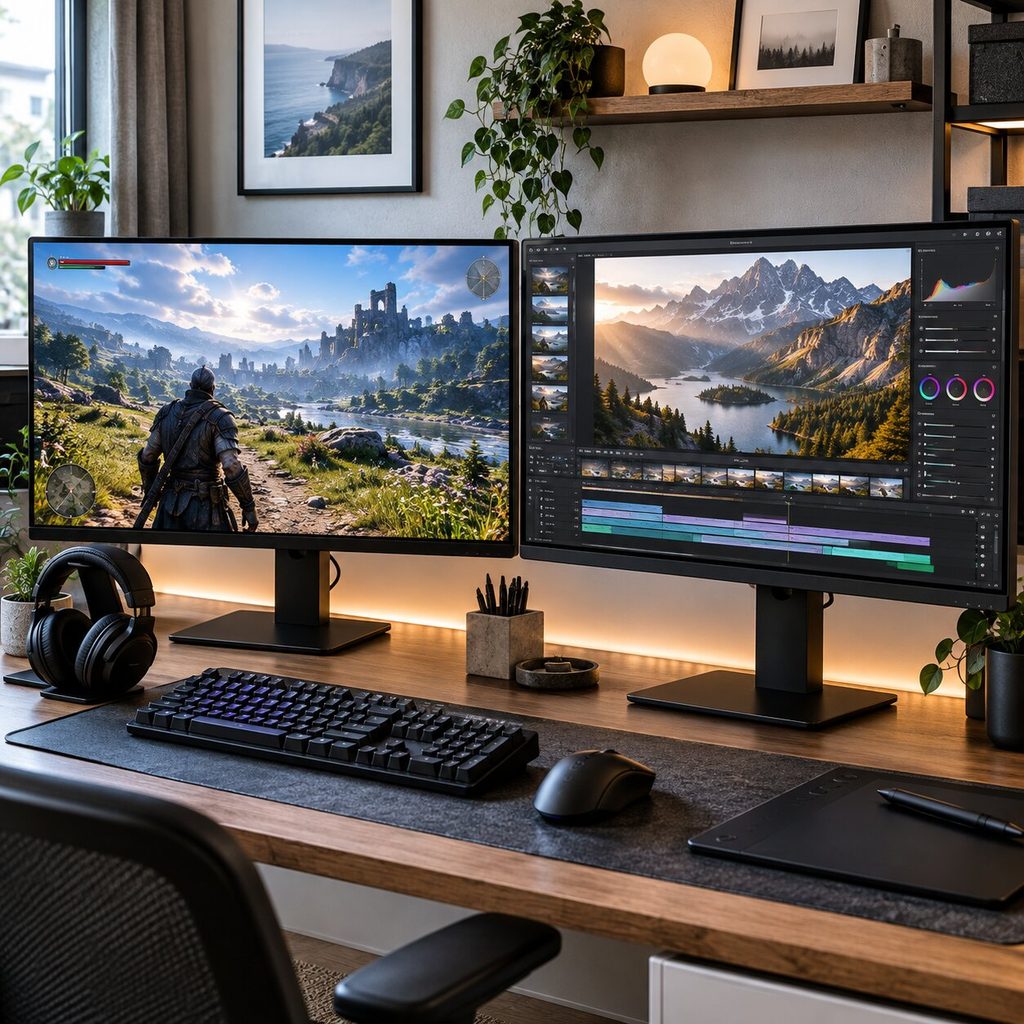 QHD 게임 환경과 4K 작업 환경을 보여주는 모니터 책상