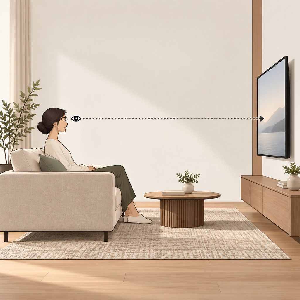 소파에 앉은 사람의 눈 위치에서 TV 화면까지 점선으로 나타낸 장면