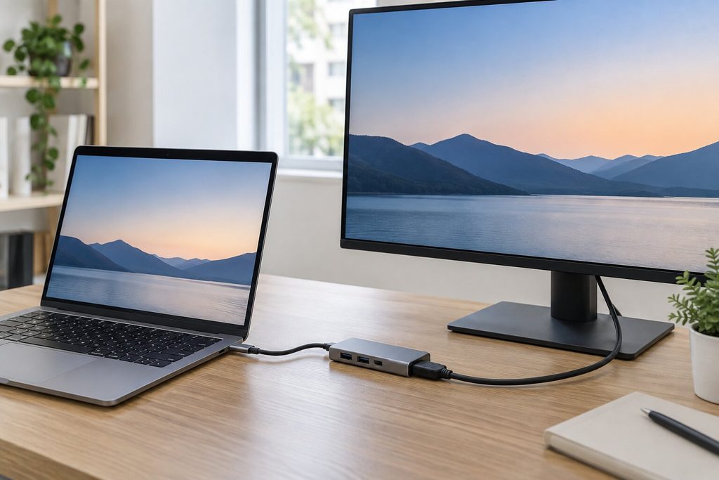 노트북 USB-C 허브와 HDMI 케이블로 외부 모니터를 연결한 모습