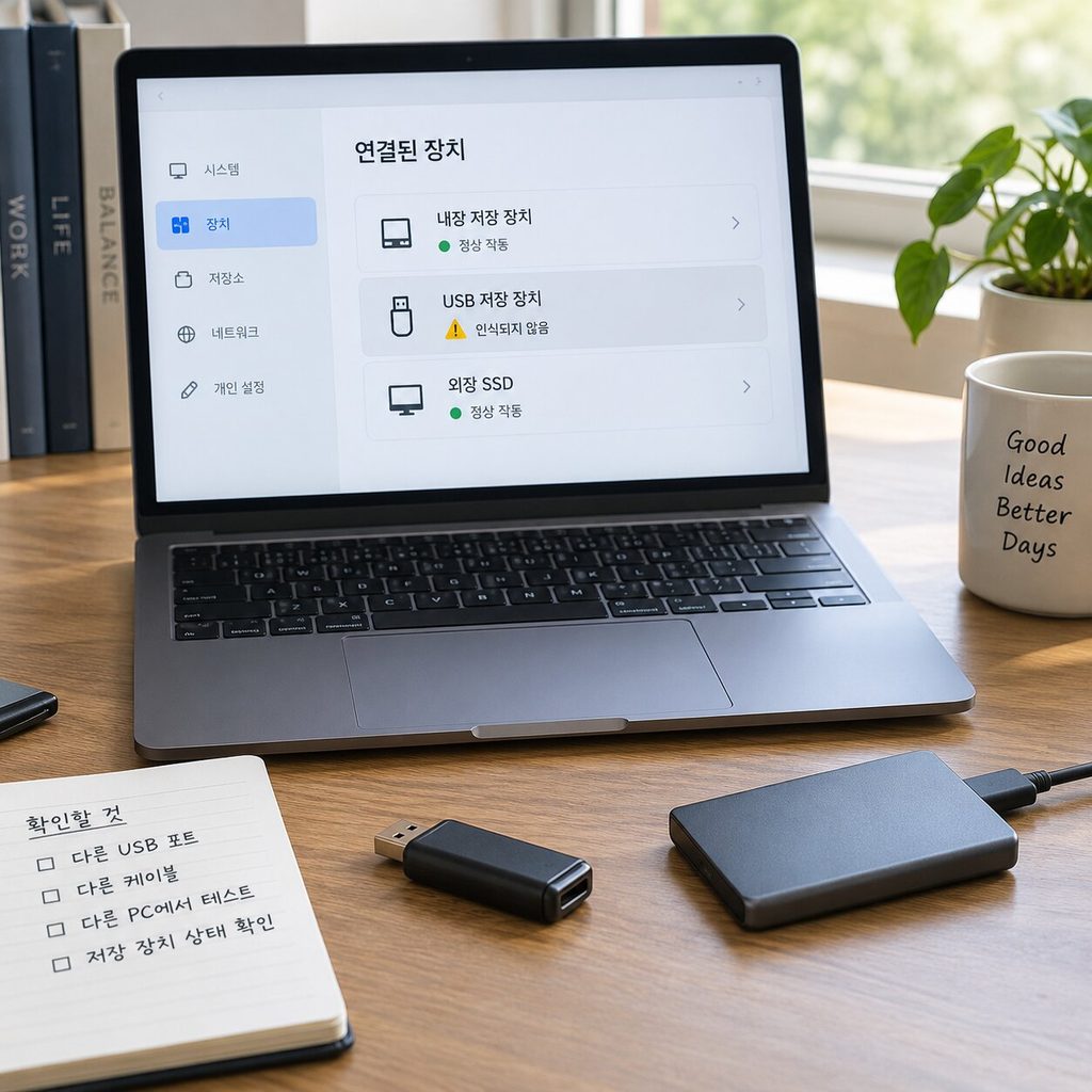 USB 장치 상태와 경고 표시를 확인하는 PC 화면