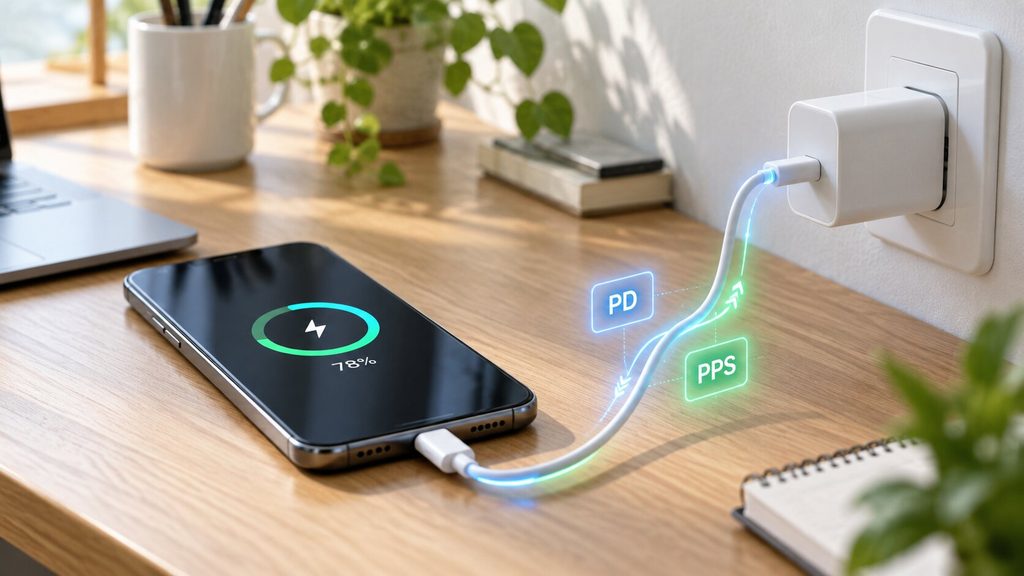 USB PD와 PPS 방식으로 스마트폰을 고속충전하는 모습
