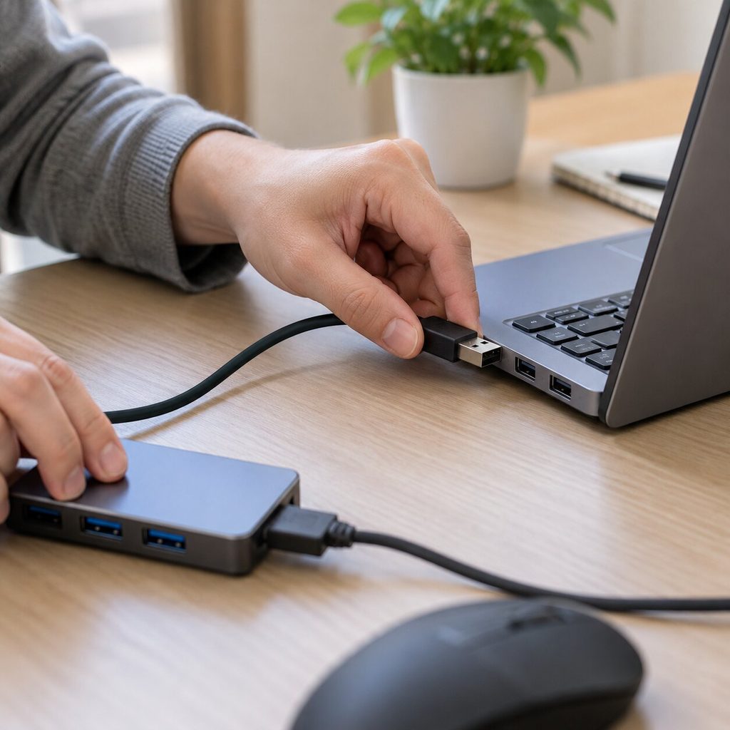USB 허브를 제거하고 노트북의 다른 USB 포트에 직접 연결하는 모습