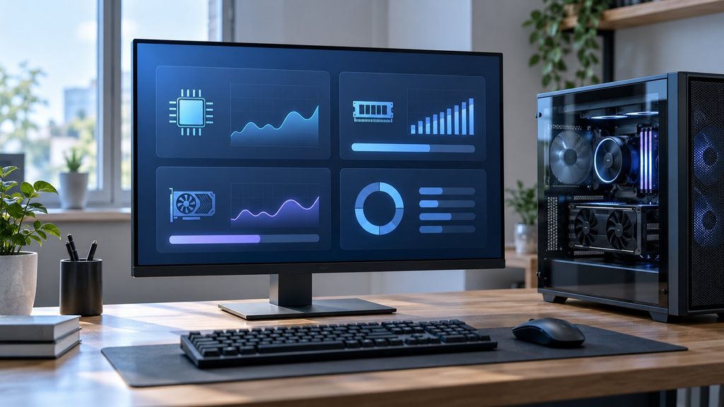 컴퓨터 사양 확인을 상징하는 데스크톱 PC와 CPU·메모리·그래픽 정보 화면