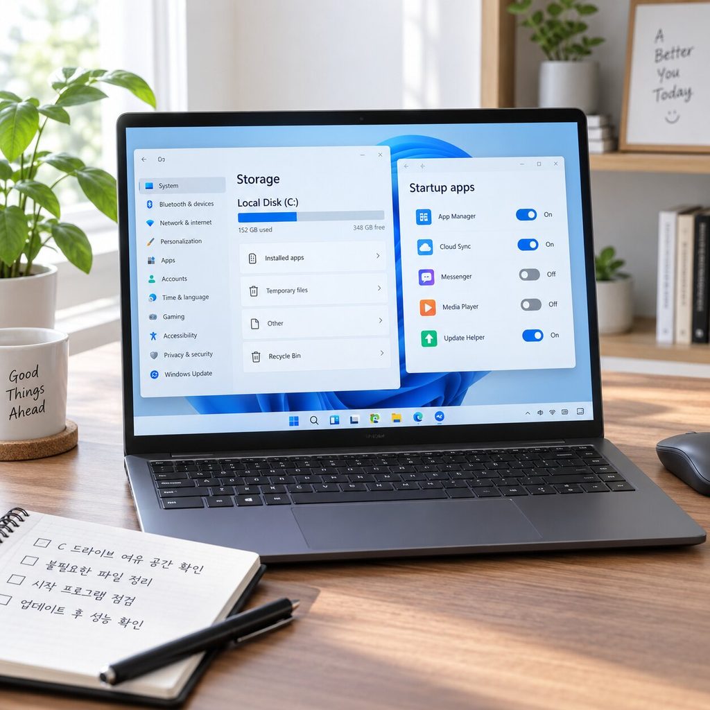 Windows 노트북에서 저장공간과 시작 프로그램을 점검하는 모습