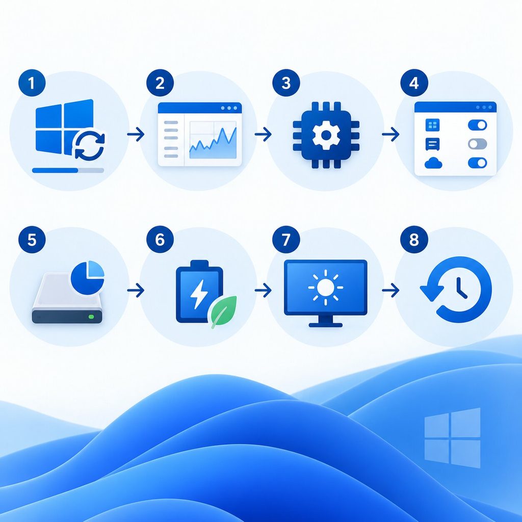 Windows 업데이트 후 느려졌을 때 확인 순서를 보여주는 간단한 인포그래픽