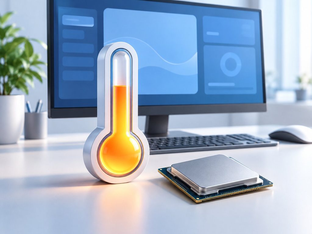 CPU 온도 확인을 표현한 모니터와 온도계의 개념 이미지