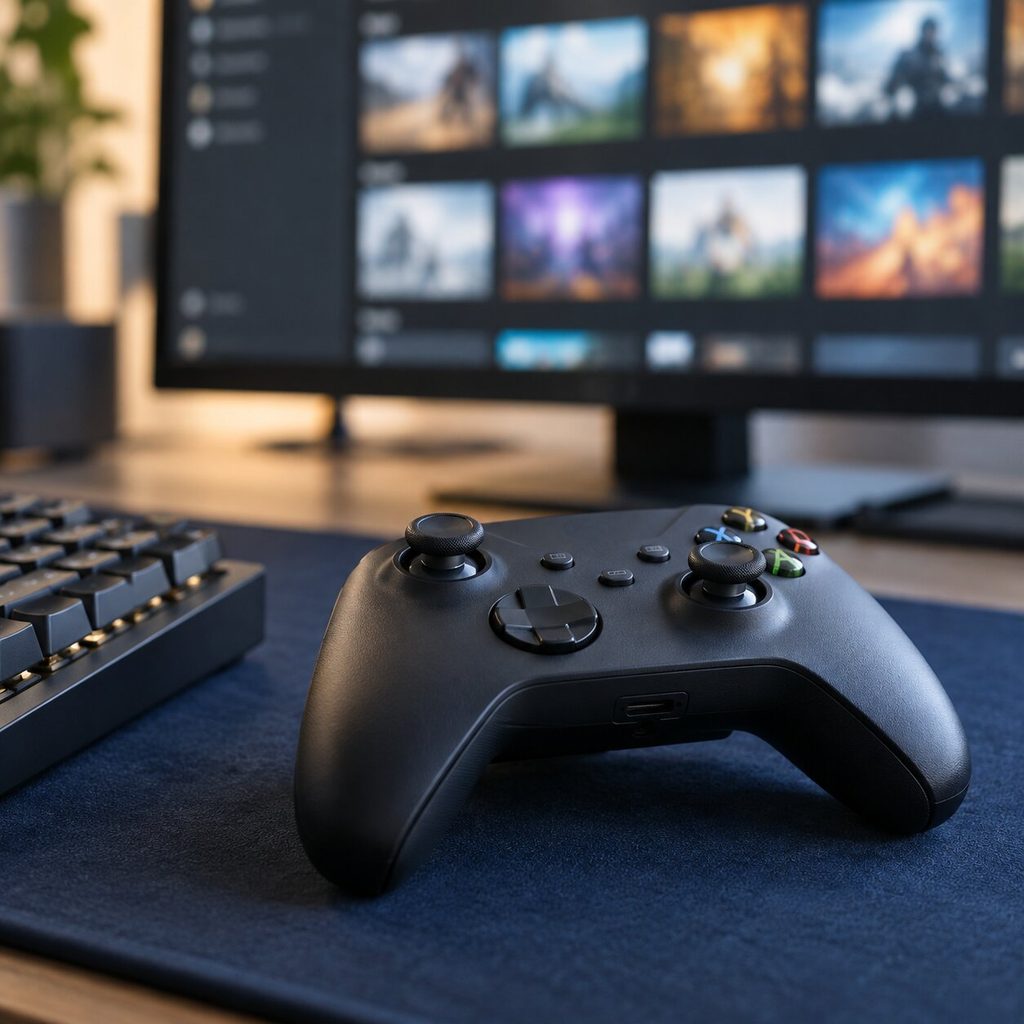 사용하지 않는 PC 게임과 앱 정리를 설명하는 게임패드와 모니터
